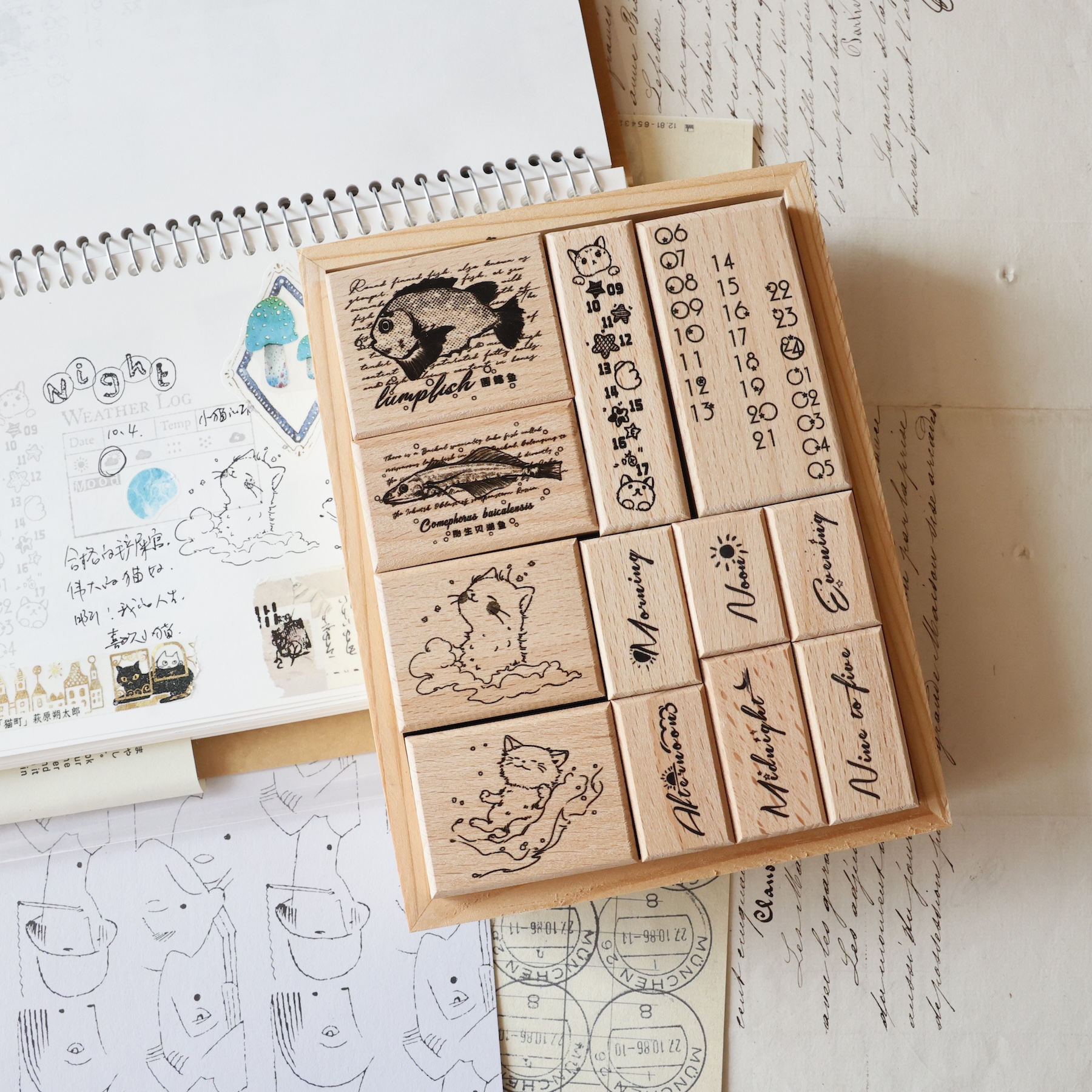 Rubber Date Stamp - Two Raccoons Vintage Little Cat Dates
